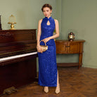 Exclusive designer collection, blue sequins long Qipao