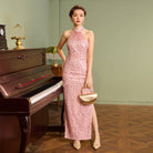 Exclusive designer collection, halter pink sequins long Qipao