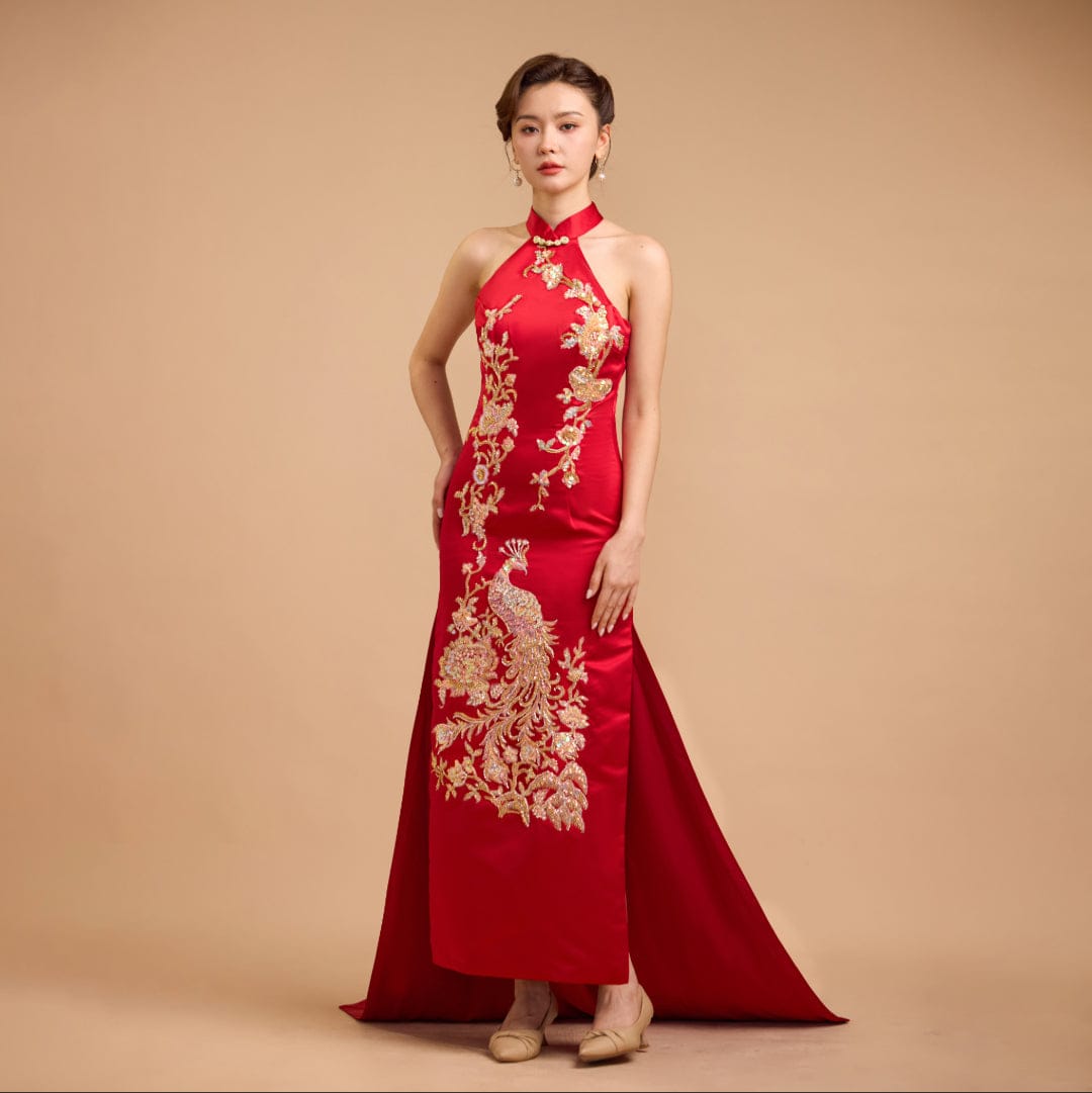 Exclusive designer collection，Peacock Embroidery, Halter long Qipao with Train