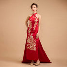 Exclusive designer collection，Peacock Embroidery, Halter long Qipao with Train