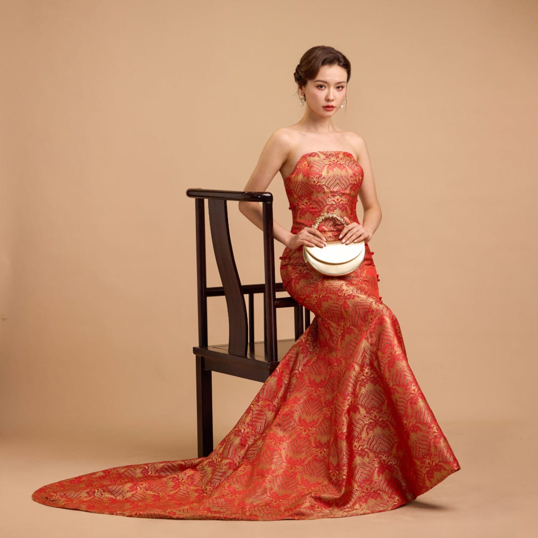 Exclusive designer collection，Fortune Cloud pattern, tube brocade fishtail Qipao