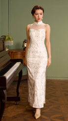 Exclusive designer collection, white sequins long Qipao