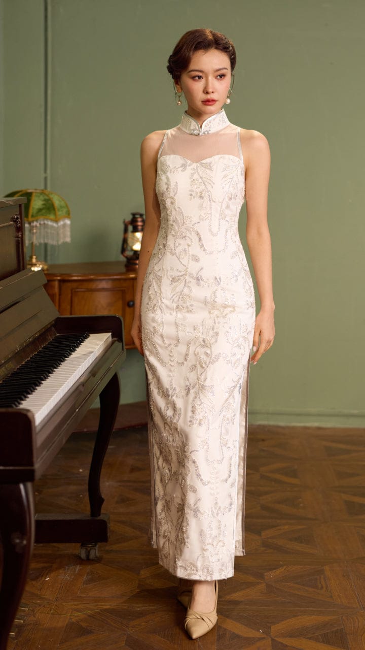 Exclusive designer collection, white sequins long Qipao