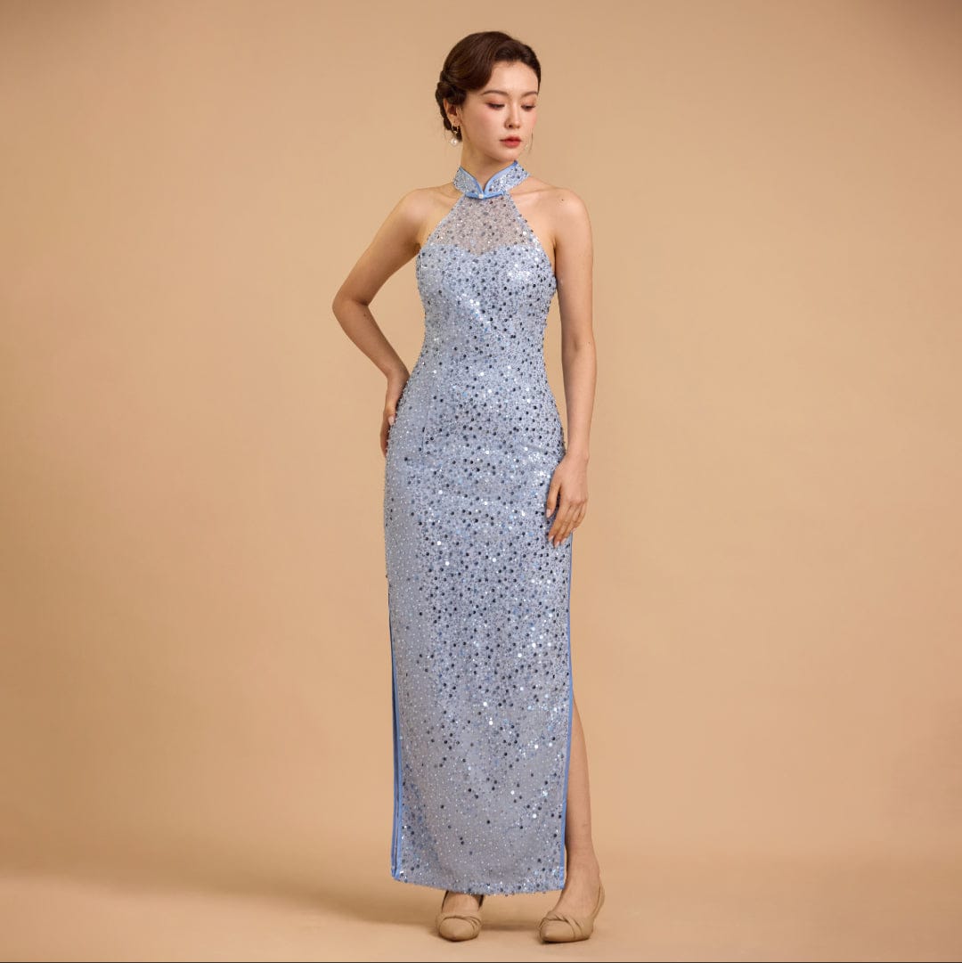 Exclusive designer collection, halter light blue sequins long Qipao