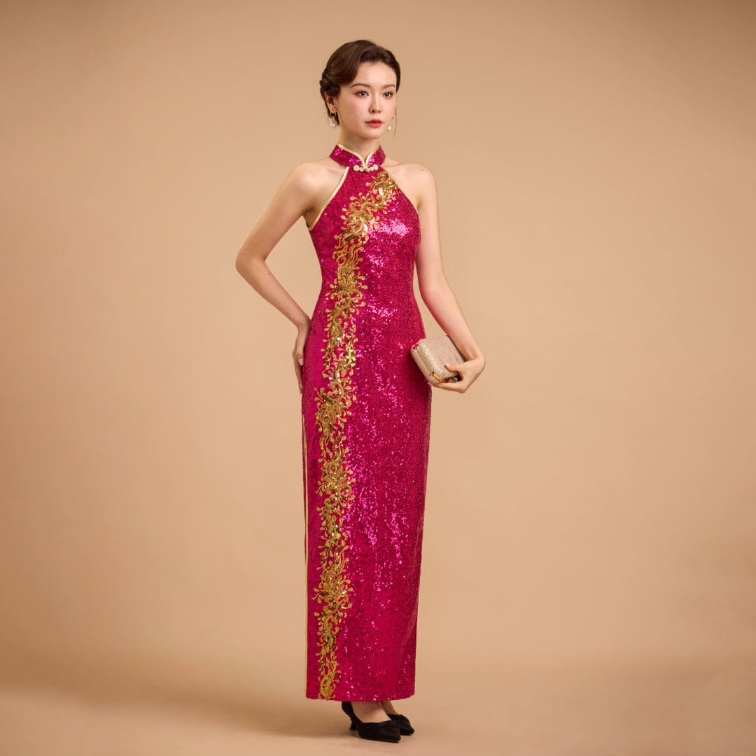 Exclusive designer collection, Floral embroidery, Fuchsia sequins long Qipao