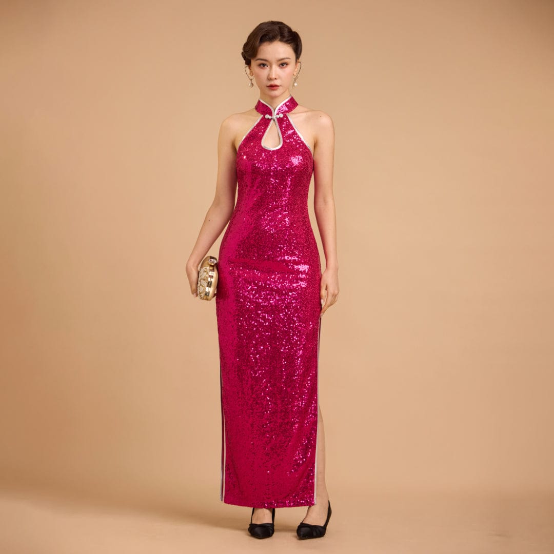 Exclusive designer collection, Fuchsia sequins long Cheongsam