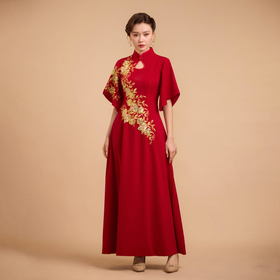 Modern style, butterfly mesh fabric, floor length A-Line Qipao