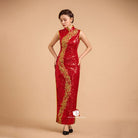 Exclusive designer collection, Floral embroidery, red sequins long Qipao