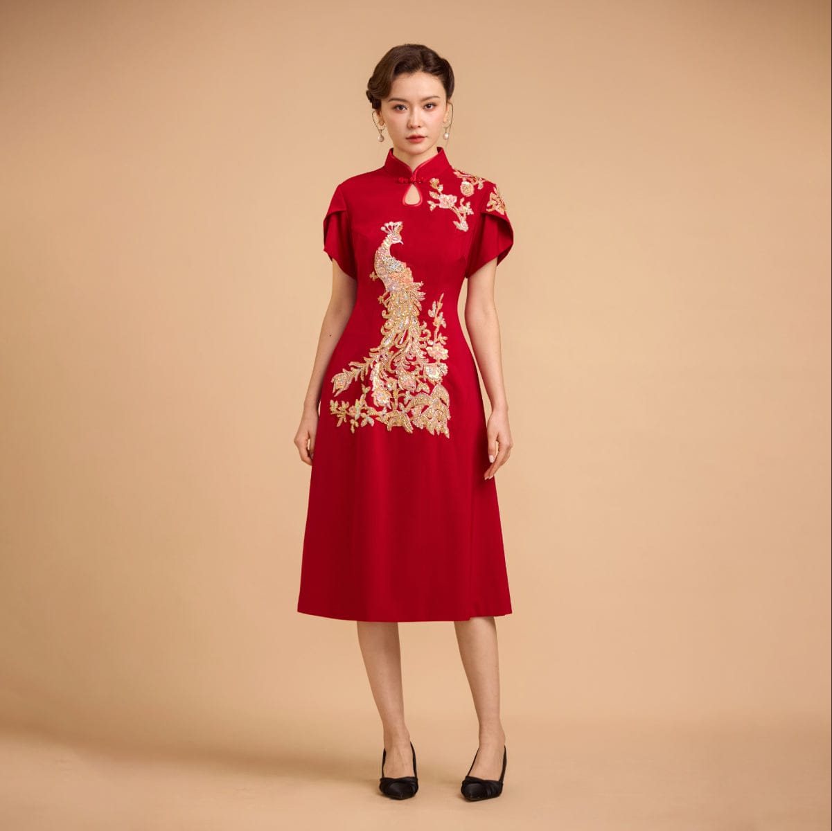 Exclusive designer collection,  Peacock embroidery, A-line midi Qipao