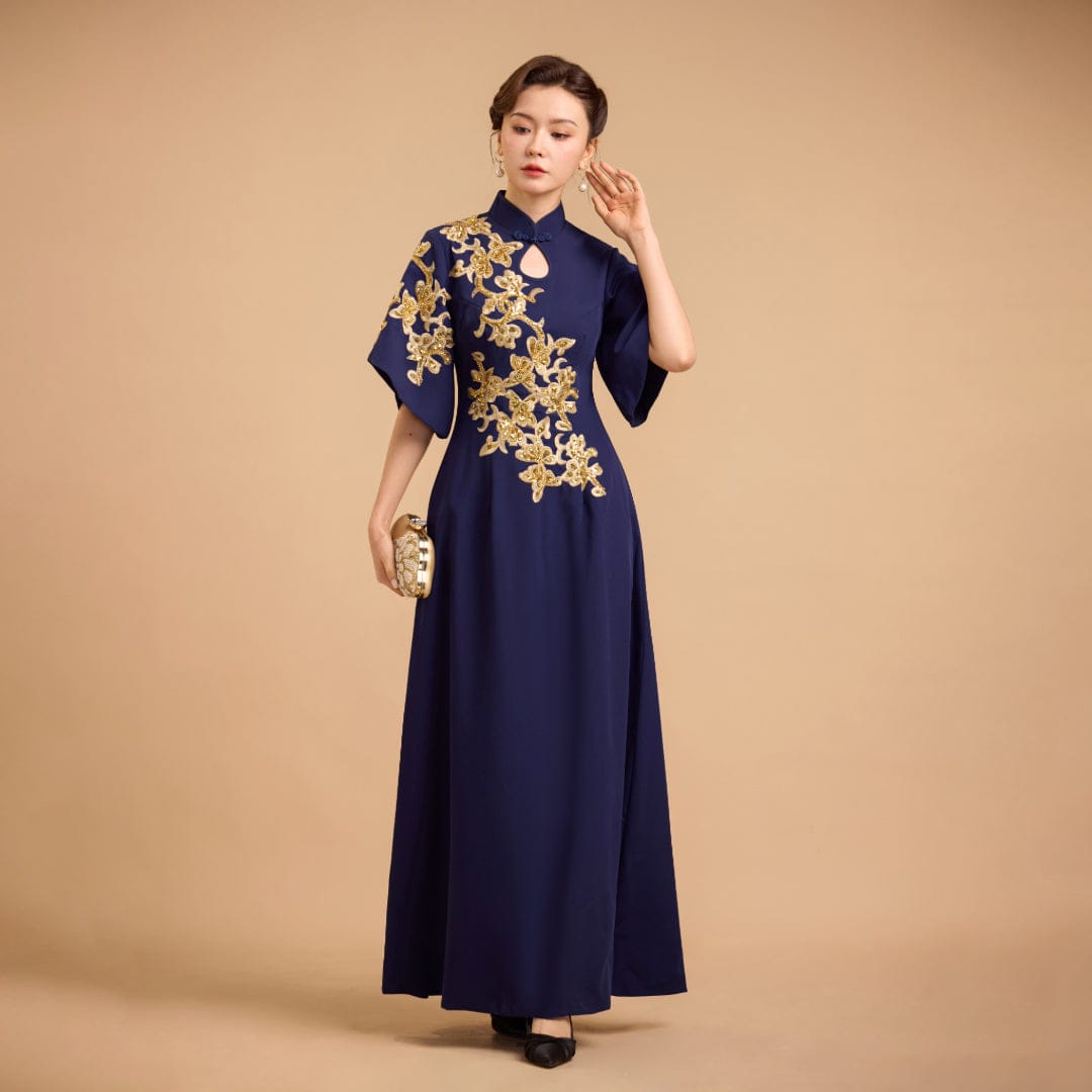 Modern style, butterfly mesh fabric, floor length A-Line Qipao
