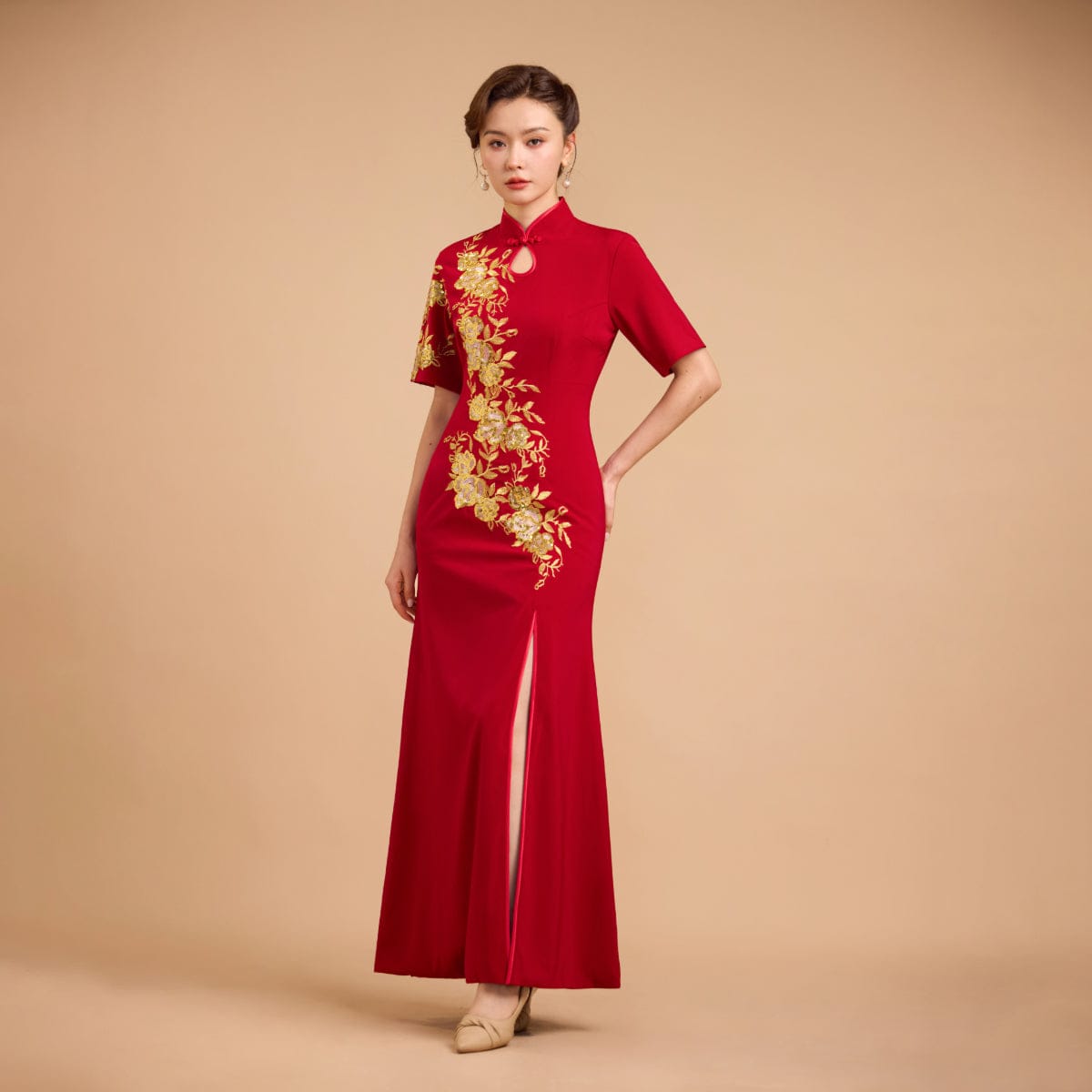 Exclusive designer collection, Floral embroidery, burgandy long Qipao
