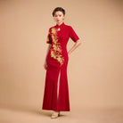 Exclusive designer collection, Floral embroidery, burgandy long Qipao