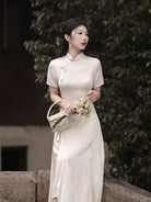 Hualuo jacquard fabric, A line, beige midi Cheongsam