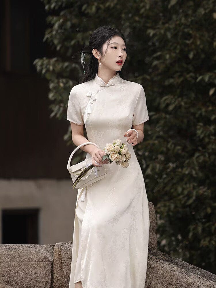 Hualuo jacquard fabric, A line, beige midi Cheongsam
