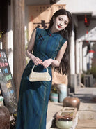 Old Shanghai style, stripe pattern, blue long Cheongsam