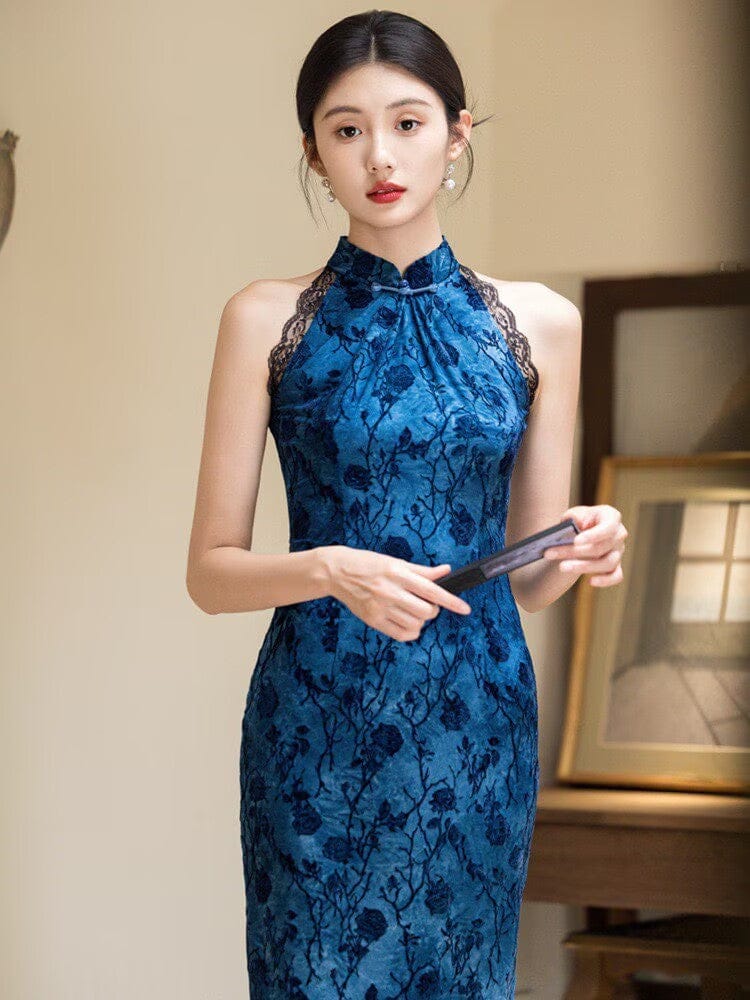 Flocking fabric, halter floral midi Cheongsam