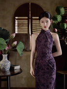 Flocking fabric, halter floral long Cheongsam
