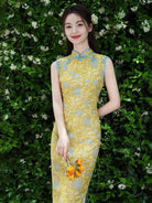 New Chinese style (新中式), floral pattern, yellow long Cheongsam