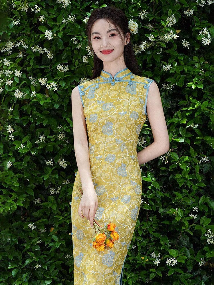 New Chinese style (新中式), floral pattern, yellow long Cheongsam