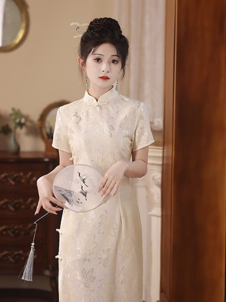 Maple leaf pattern, beige midi Cheongsam