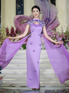 Cap Sleeves, butterfly pattern, purple long Cheongsam for prom