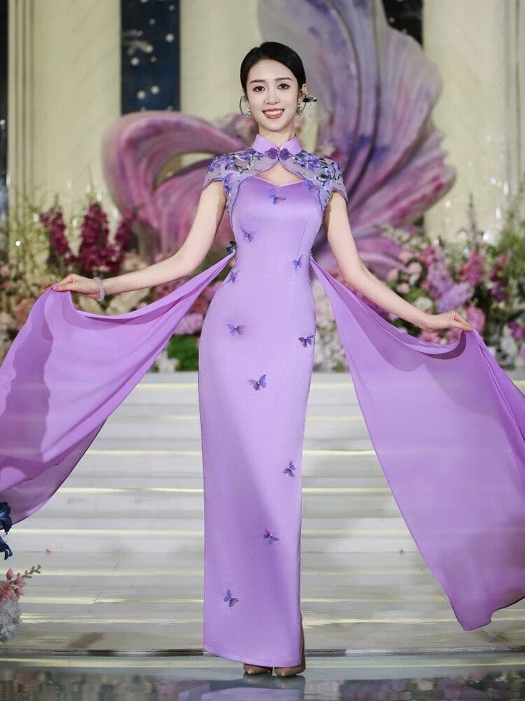 Cap Sleeves, butterfly pattern, purple long Cheongsam for prom
