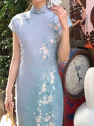 Tencel linen fabric, light blue long Cheongsam