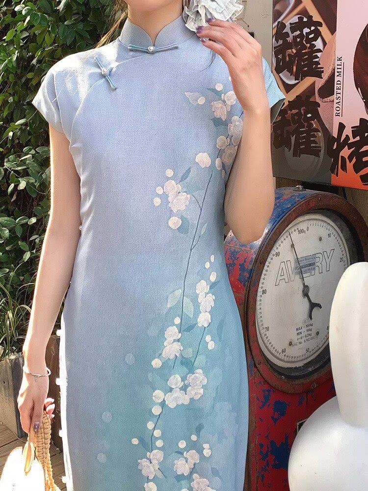Tencel linen fabric, light blue long Cheongsam