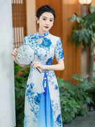 Blue and white porcelain patterns, water-drop collar, long Cheongsam