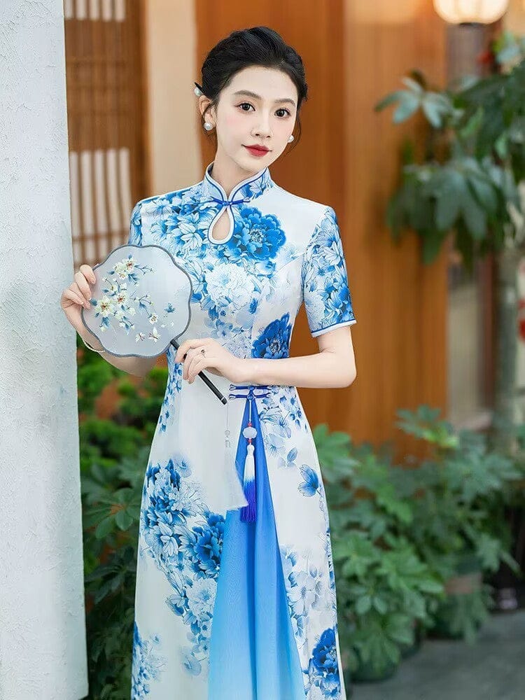 Blue and white porcelain patterns, water-drop collar, long Cheongsam