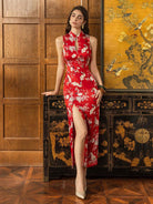 Butterfly pattern, Halter floral red long Cheongsam