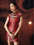 Brocade High-end Mini Qipao With Frog Buttons & Contrast Piping