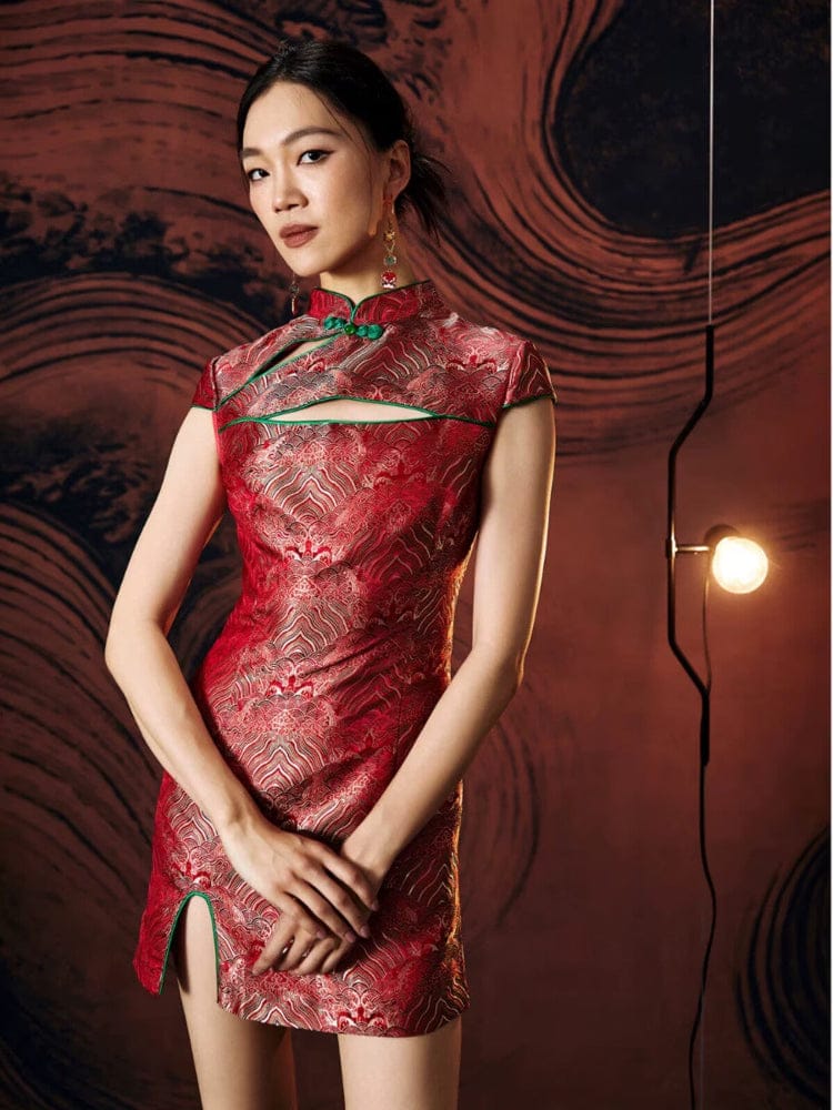 Brocade High-end Mini Qipao With Frog Buttons & Contrast Piping