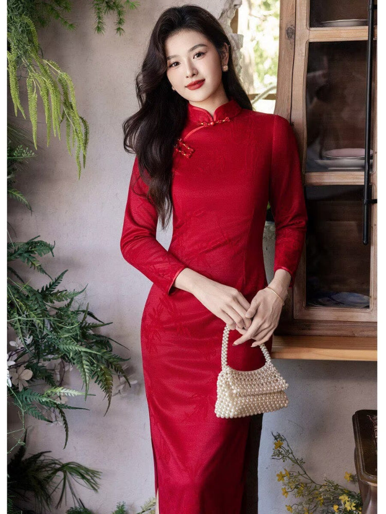 Bamboo leaf pattern, velvet red&beige midi Cheongsam