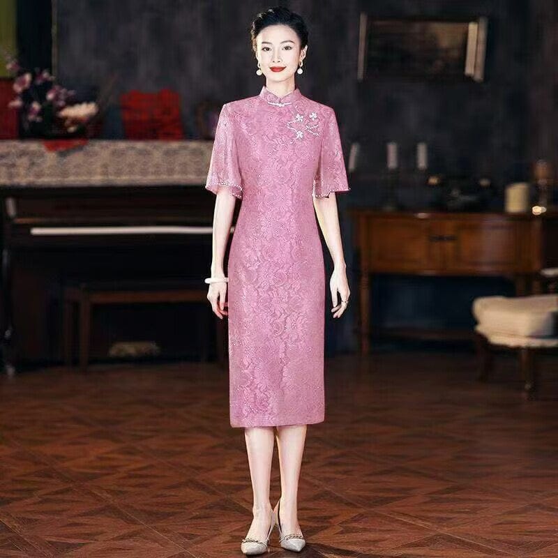 Floral pattern, high-end, red&pink midi Cheongsam for mothers