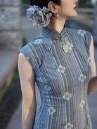 Floral embroidery, cotton&linen long Cheongsam