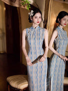 Old Shanghai style, stripe pattern, blue midi Cheongsam