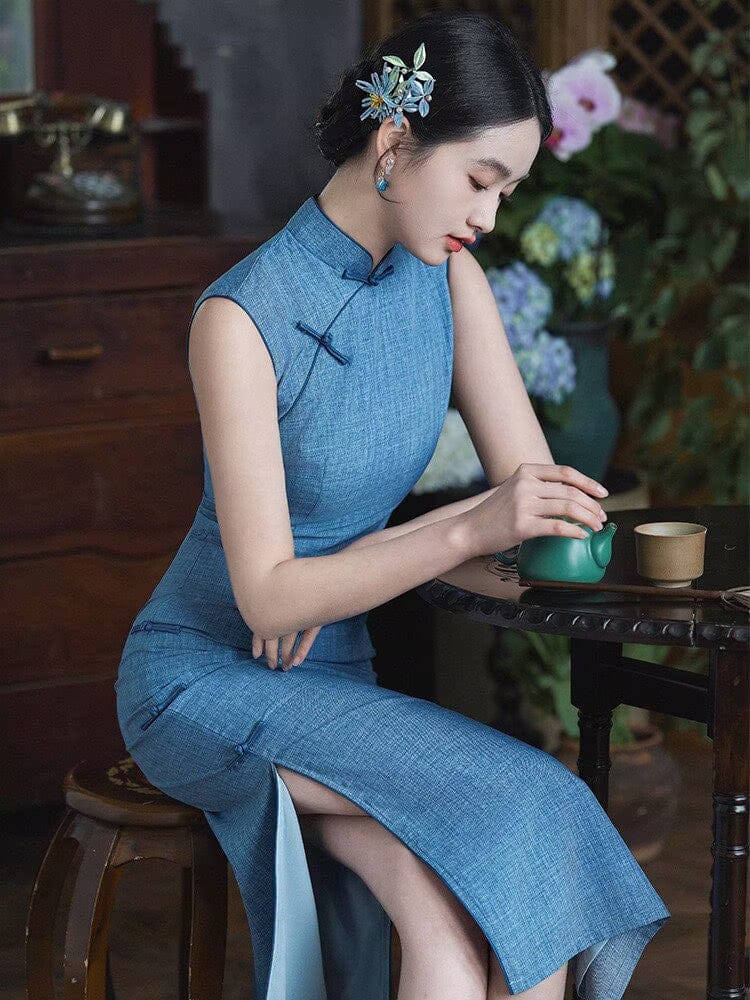 Old Shanghai style, cotton&linen mid-length Cheongsam