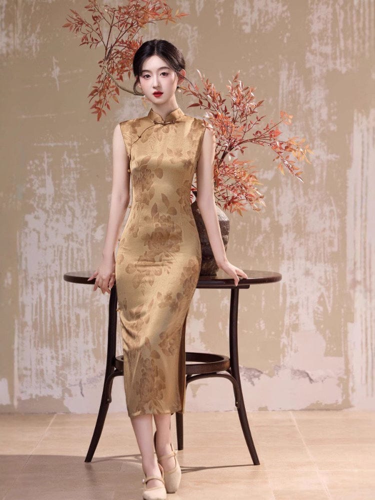 Floral pattern, acetate fabric, gold midi Cheongsam