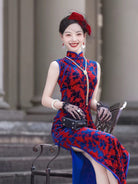 Sleeveless, Plus size, velvet red long Cheongsam