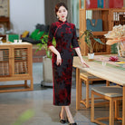 Flocking fabric, floral pattern, red&green long Cheongsam