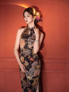 Water drop collar, halter black midi Cheongsam