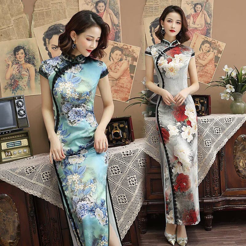 Floral pattern blue&grey long Cheongsam