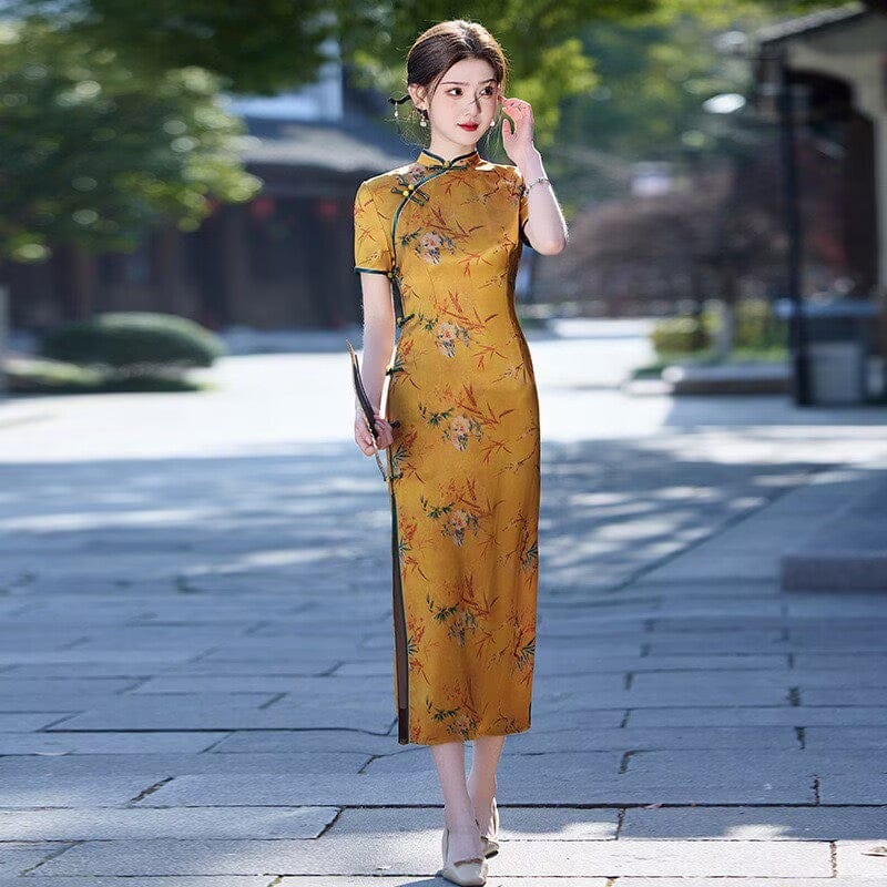Floral pattern, acetate fabric, green&yellow midi Cheongsam