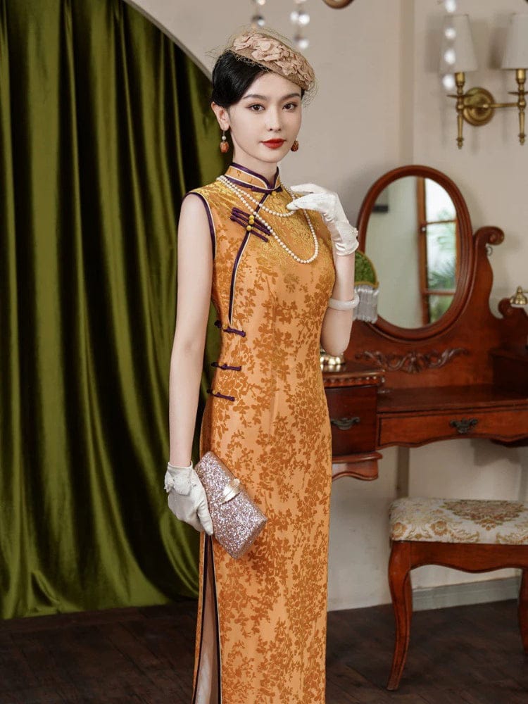 Plus size, Sleeveless velvet gold long Cheongsam