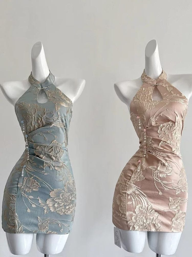 Water drop collar halter mini Cheongsam