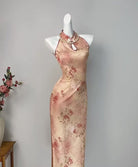 Water drop collar, floral pattern, halter midi Cheongsam