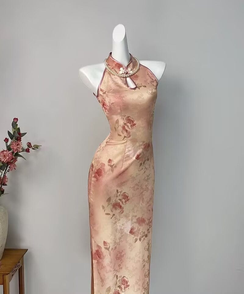 Water drop collar, floral pattern, halter midi Cheongsam