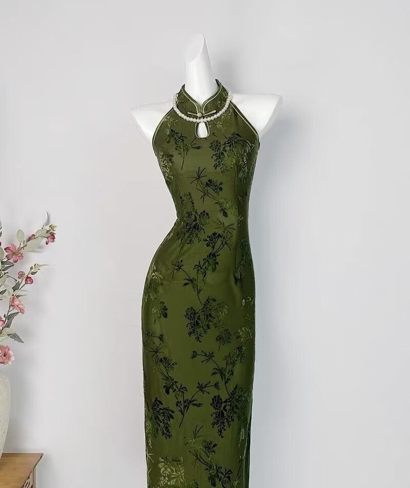 Water drop collar, halter sleeveless midi Cheongsam