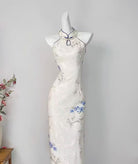 Water drop collar, bamboo leaf pattern, halter long Cheongsam